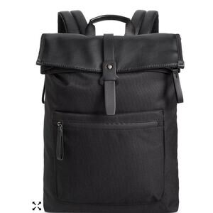 ALFANI Backpack Black Canvas Roll Top Backpack Faux Leather Trim Laptop Sleeve